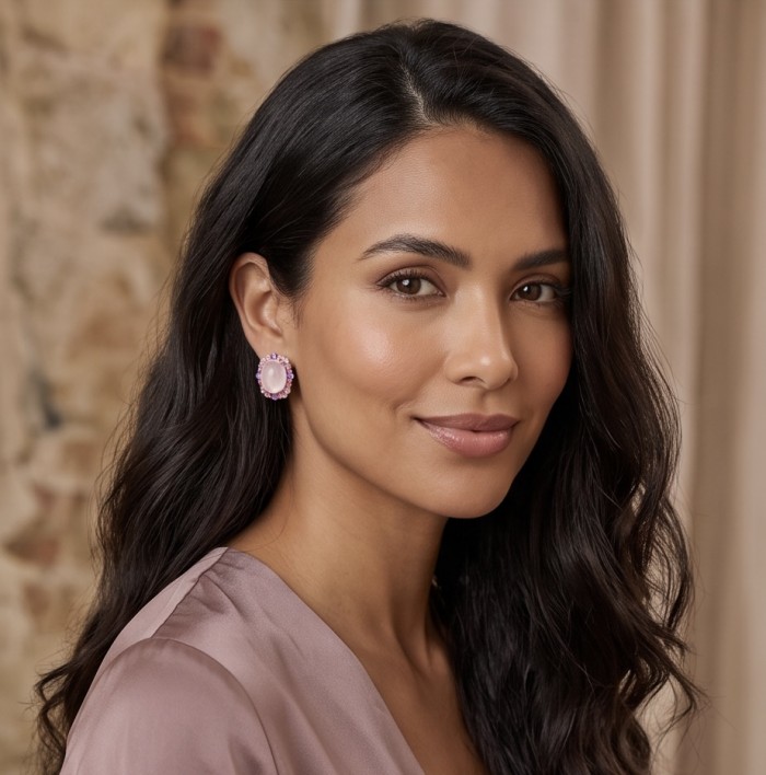 The Love Stone - Authentic 8.9 carat Rose Quartz .925 Sterling Silver luxuriously dipped in 22K Rose Gold handmade earrings - Woman wearing The Love Stone Rose Quartz earrings, side view.