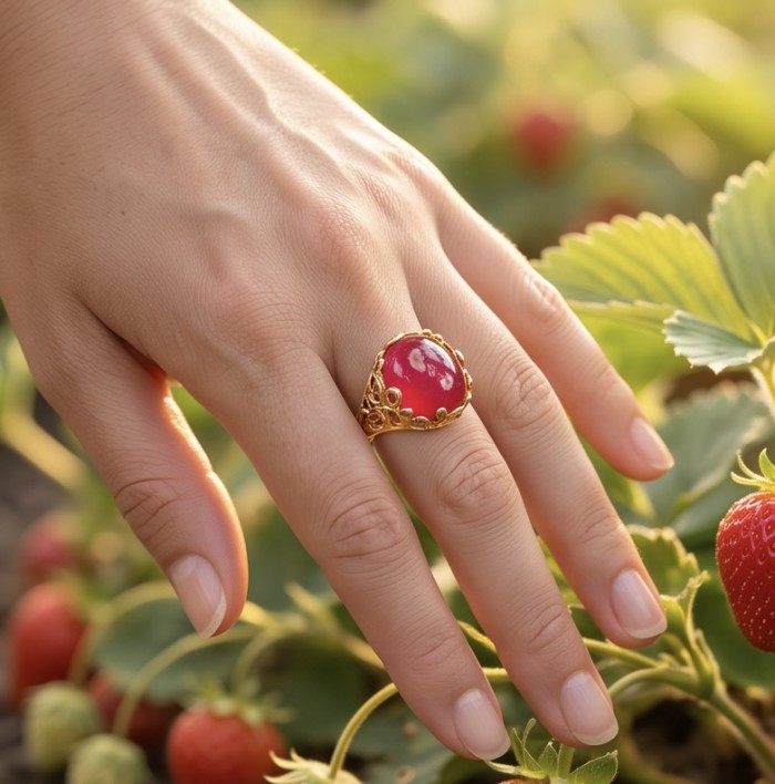 Giovanna 16.6 carat Kashmir Ruby .925 Sterling Silver dipped in 22K Gold handmade Statement Ring size 7 - Ruby ring worn on hand in a strawberry field, showing top view.