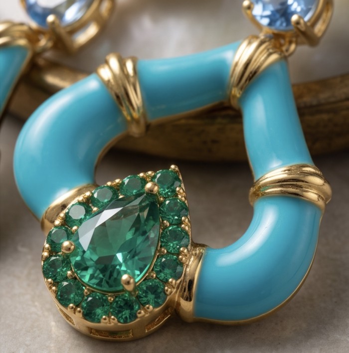 Art Deco 4.8 carat Aquamarine Turquoise enamel 14K Gold over .925 Sterling Silver Handcrafted Statement earrings - Close-up of turquoise enamel and emerald stones on gold jewelry.