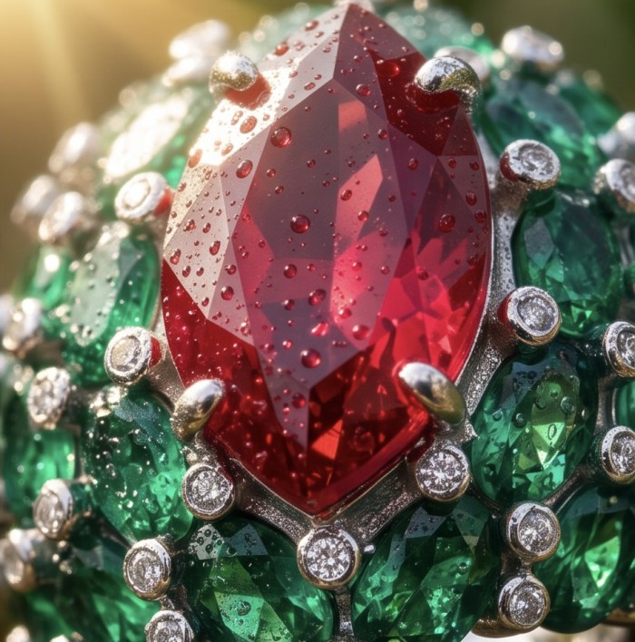 Giovanna 28.6 carat Ruby Emerald .925 Sterling Silver dipped rhodium handmade Huge Statement Ring size 8 - Stone close-up of Giovanna 28.6 carat ruby and emerald jewelry piece