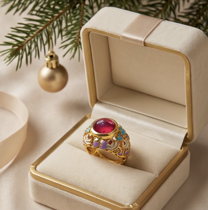 Giovanna 5.6 carat Kashmir Ruby .925 Sterling Silver dipped in 22K Gold handmade Statement Ring size 7 - Kashmir ruby ring in open box with festive background