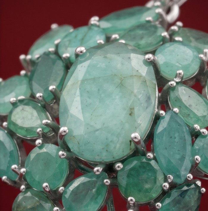 Amazonia - authentic 25.5 carat Colombian Emerald rhodium over .925 Sterling Silver handcrafted Pendant - Close-up of 25.5 carat Colombian emerald cluster on red background.