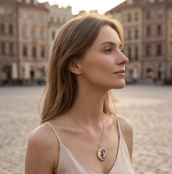 Exquisite Little Angel Cameo from Sea Shell 18K Gold over .925 Sterling SilverMade in Italy Statement pendant - Side view of necklace worn, featuring Little Angel Cameo in 18K gold.