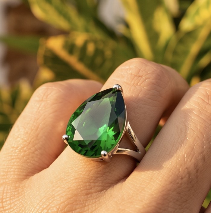 Very Rare! Exotic Beauty pearl cut 29.5 carat Helenite .925 Sterling Silver handmade Ring s. 6 - Pear-cut 29.5 carat Helenite ring worn on hand, close-up view