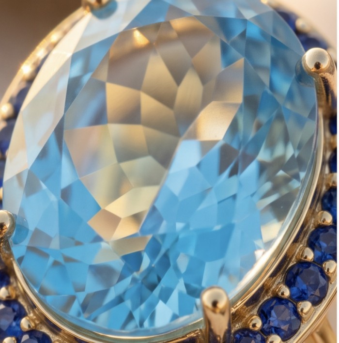 Pacifica 27.8 carat Swiss Blue Topaz 22K Gold over .925 Sterling Silver dipped in rhodium handcrafted ring size 7 1/4 - Stone close-up, Swiss Blue Topaz with 22K Gold and sapphire accents