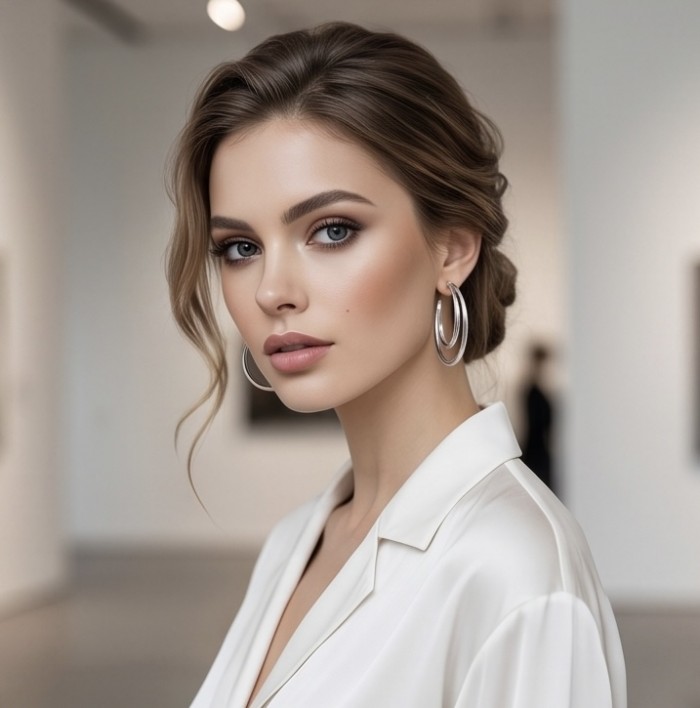 Allure Natural .925 Sterling Silver handcrafted hoop earrings - Woman wearing Allure Natural .925 Sterling Silver hoop earrings, side view.