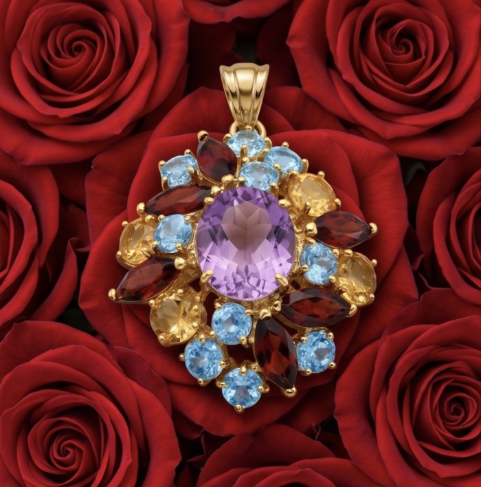 Giuseppina - Authentic 28.1 carat Amethyst 18k Gold over .925 Sterling Silver handcrafted Statement Pendant - Amethyst pendant with gemstones on roses, top view