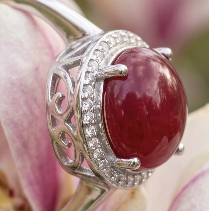 Scarlett 10.7 ctw Mozambique Ruby .925 Sterling Silver handcrafted Statement Ring size 7 - Close-up of Mozambique ruby ring with diamond accents in sterling silver.