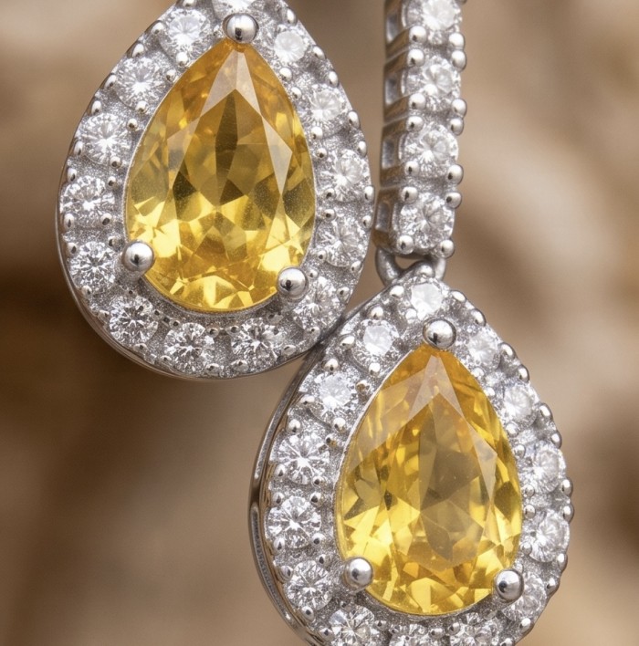 Luxurious - 7.4 carat Yellow Sapphire from Ceylon .925 Sterling Silver dipped in Rhodium handcrafted earrings - Close-up of teardrop yellow sapphire earrings with diamond accents.