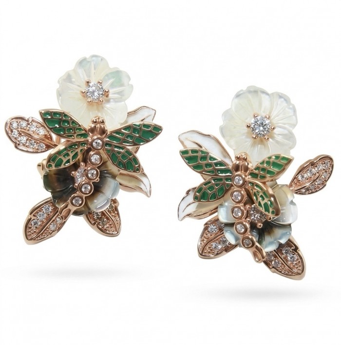 Spring carved Blister Pearl green Enamel 18K Rose Gold over .925 Sterling Silver brilliantly handcrafted Statement Earrings - Front view of floral and insect design earrings with pearls and green enamel