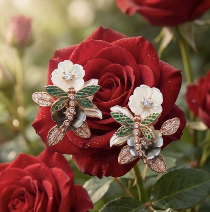 Spring carved Blister Pearl green Enamel 18K Rose Gold over .925 Sterling Silver brilliantly handcrafted Statement Earrings - Bee and flower brooches on red roses, close-up detail.