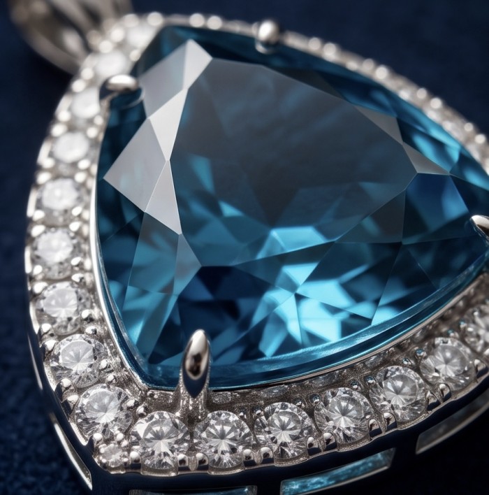 Rare finding! Deluxe 77.2 carat authentic Aquamarine .925 Sterling Silver handmade Statement Pendant - Close-up of aquamarine pendant with diamond accents