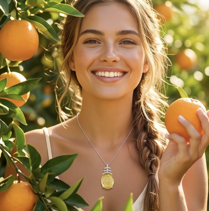 Summer Time 14.8 carat Lemon Quartz rhodium over .925 Sterling Silver handcrafted pendant - Pendant worn, front view in orchard background with oranges.