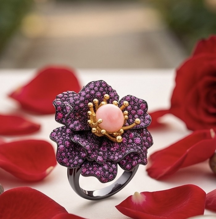Rose Authentic 4.2.5 carat Pin Opal 7.9 carat pave Kasmir Ruby .925 Sterling Silver brilliantly dipped in black rhodium 2 tones handcrafted Statement ring; s. 6 - Rose-shaped ring with pink opal and pave Kasmir Ru, surrounded by petals.