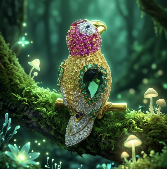 Exotic Parrot - 10.8 carat pave Ruby Emerald Sapphire 22K Gold over .925 Sterling Silver rhodium over handcrafted Brooch - Exotic Parrot jewelry with gems, side view on a mossy branch.