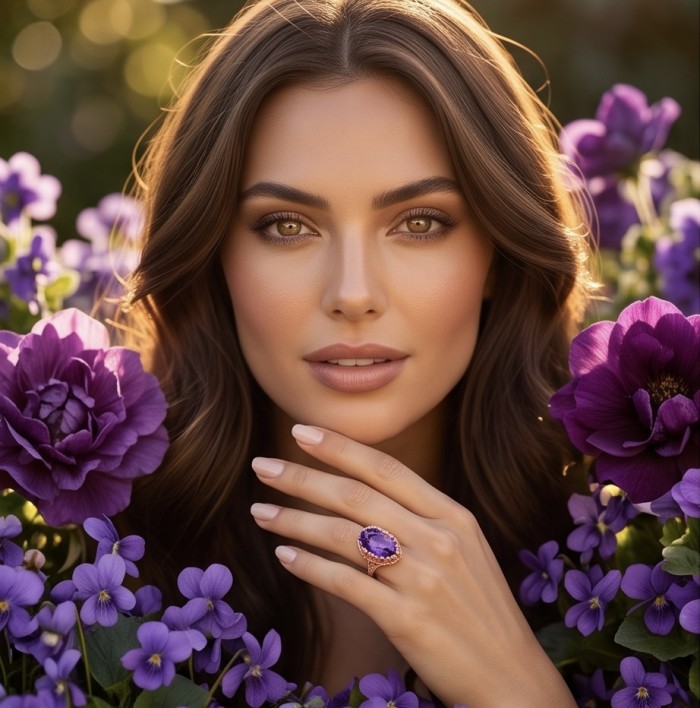 Peace 9.5 carat natural Amethyst 18K Rose Gold over .925 Sterling Silver Handcrafted Ring size 6 - Woman wearing Peace 9.5 carat Amethyst ring among purple flowers.