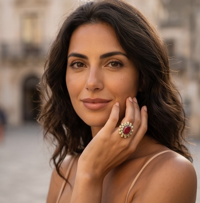 King of Gems Genuine 8.9 CARAT Mozambique Star Ruby 4.8 carat Fire Opal rhodum over .925 Sterling Silver Large Statement Ring size 7 1/4 - Woman wearing King of Gems ring with Mozambique star ruby, close-up.