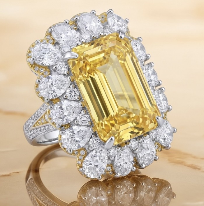Wearable Art - Art Deco - Solid baquette cut 25.8 carat Genuine Yellow Sapphire 18K Gold over .925 Sterling Silver handcrafted ring size 6 - Front view of Art Deco ring with yellow baguette cut gemstone.