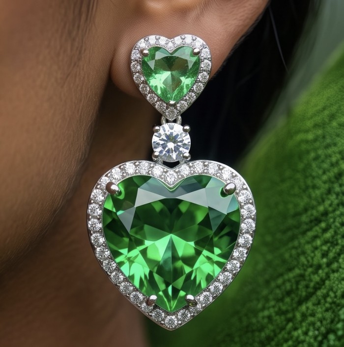 MOTHER NATURE - 18.5 carat Green Topaz .925 Sterling Silver handmade Statement earrings - Close-up of green heart-shaped topaz earrings with diamond trim.