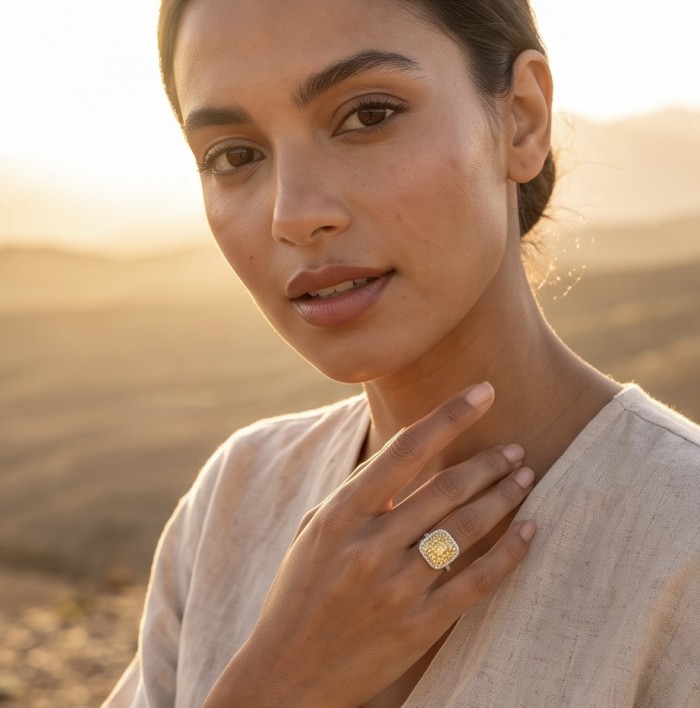 Costa del Sol Authentic 7.8 carat yellow Sapphire 18K Gold over .925 Sterling Silver handmade Ring s. 8 1/2 - Ring worn on hand with sunset background showcasing yellow sapphire.