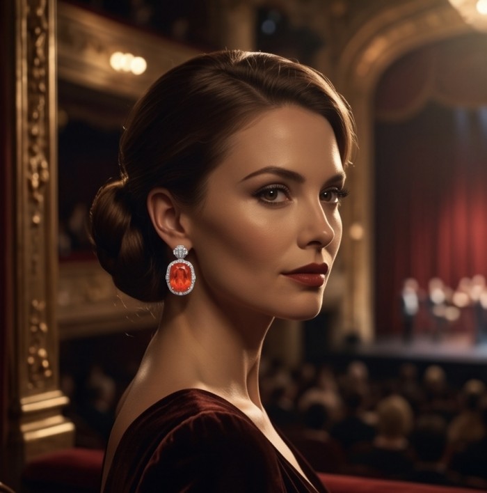 Vivid Energy 14.4 ctw Red Topaz .925 Sterling Silver handcrafted Statement earrings - Woman wearing Vivid Energy red topaz earrings at the theater.