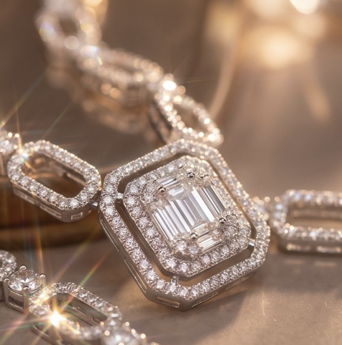 Art Deco - Luxurious natural 18.5 carat White Topaz .925 Sterling Silver Perfectly handcrafted Necklace - Close-up of an Art Deco white topaz and diamond necklace.
