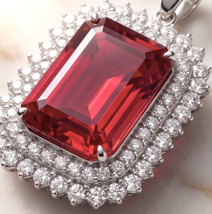 Rare finding! Deluxe 51.2 carat authentic emerald cut Kashmir Ruby rhodium over .925 Sterling Silver handmade Statement Pendant - Close-up of emerald-cut red gemstone pendant with diamond halo