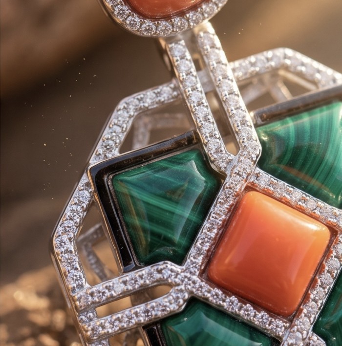 Art Deco Genuine Orange Fossilized Coral inlay Malachite rhodium over .925 Sterling Silver handmade earrings - Stone close-up of Art Deco coral and malachite jewelry with diamonds.