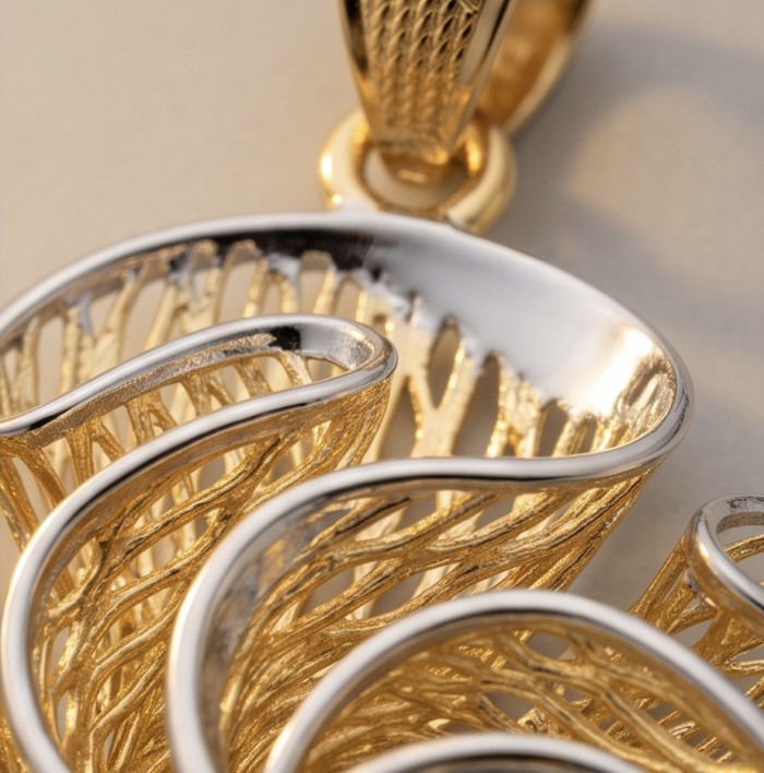 Dubai Style - Blooming Golden Rose .925 Sterling Silver dipped in 22K Gold handmade Pendant - Close-up of Dubai Style Blooming Golden Rose pendant detail.