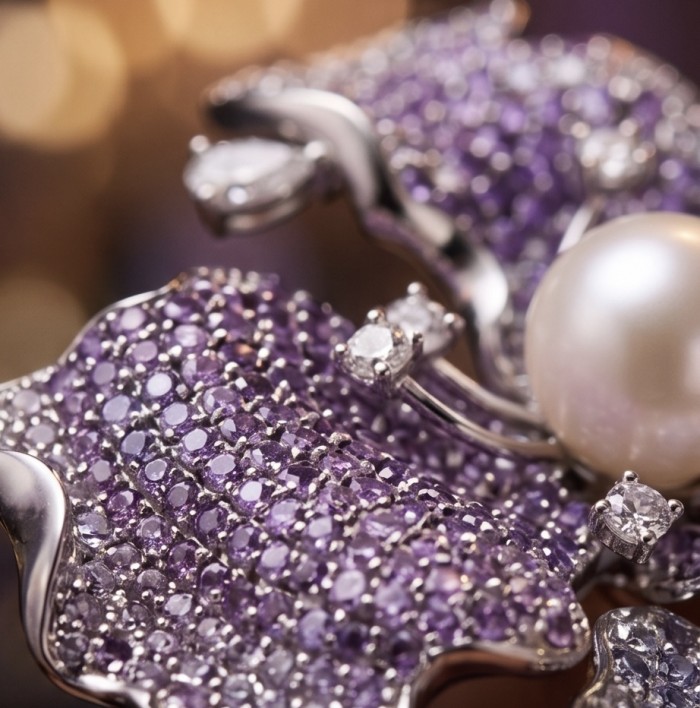Black Label Collection - Retro Style - Rose Genuine Pearl 7.5 carat pave Amethyst .925 Sterling Silver dipped in rhodium handmade Pendant - Brooch - Close-up of Black Label Retro Style jewelry with pearl and purple stones.