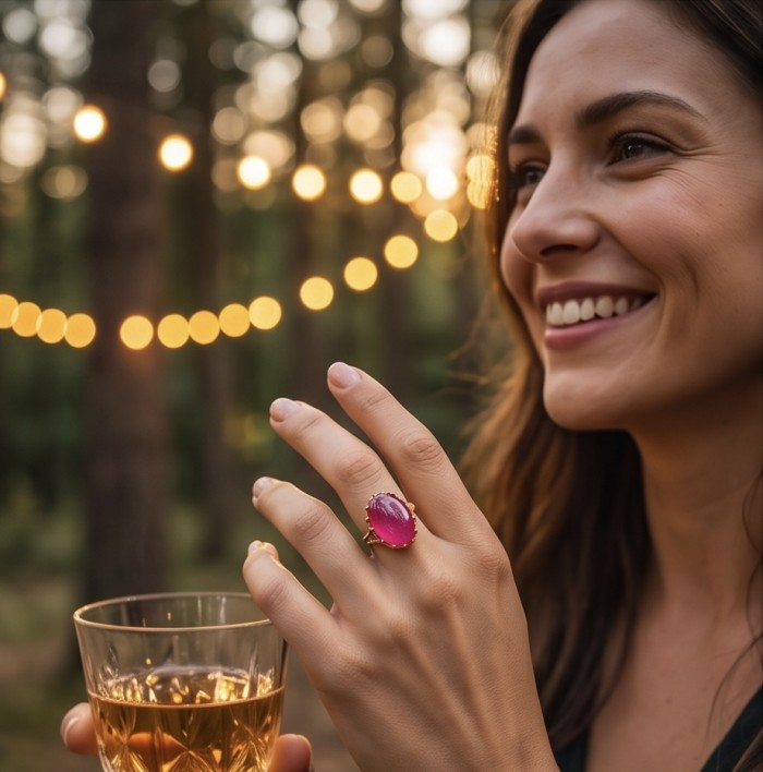 Abundant Blessings - Precious - Genuine 38.5 carat Star Ruby 18K Gold over .925 Sterling Silver handmade Ring size 7 - Ruby ring worn on hand during outdoor event with bokeh lights in background.