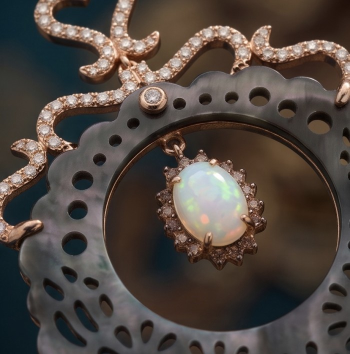 Love is Forever - Vintage style Beauty carved Rainbow Abalone 11.5 carat Fire Opal .925 Sterling Silver dipped in 14K Gold Necklace - Stone close-up of vintage style carved rainbow opal jewelry.