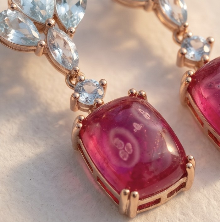 Maria Rosa - Magnificent Jewel 12.5 carat Mozambique Ruby .925 Sterling Silver dipped in 22K Rose Gold handcrafted earrings - Close-up of blue and red stones in Maria Rosa earrings, top detail.