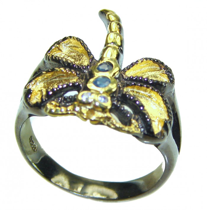Green Butterfly Genuine Amethyst black rhodium over 14K Gold over .925 Sterling Silver handmade Ring size 6 3/4 - photo 2