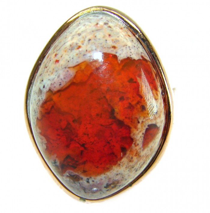 Inner Fire best quality 21.4 carat Mexican Opal 18K Gold over .925 Sterling Silver handmade ring 8 adjustable - Close-up of Inner Fire Mexican Opal set in 18K gold.