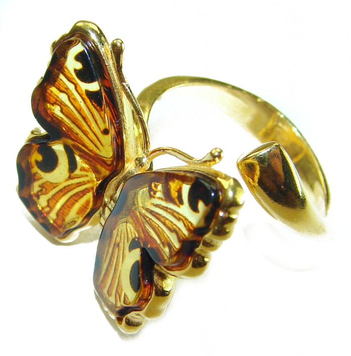 Butterfly Authentic Baltic Amber 14K Gold over.925 Sterling Silver handcrafted ring; s. 8 adjustable - Close-up of butterfly Baltic amber ring in gold, side-view detail