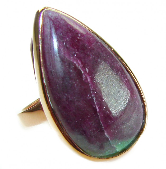 Natural Eudialyte 14K Gold over .925 Sterling Silver Large Ring s. 9 adjustable - Close-up of natural eudialyte ring in 14K gold over sterling silver