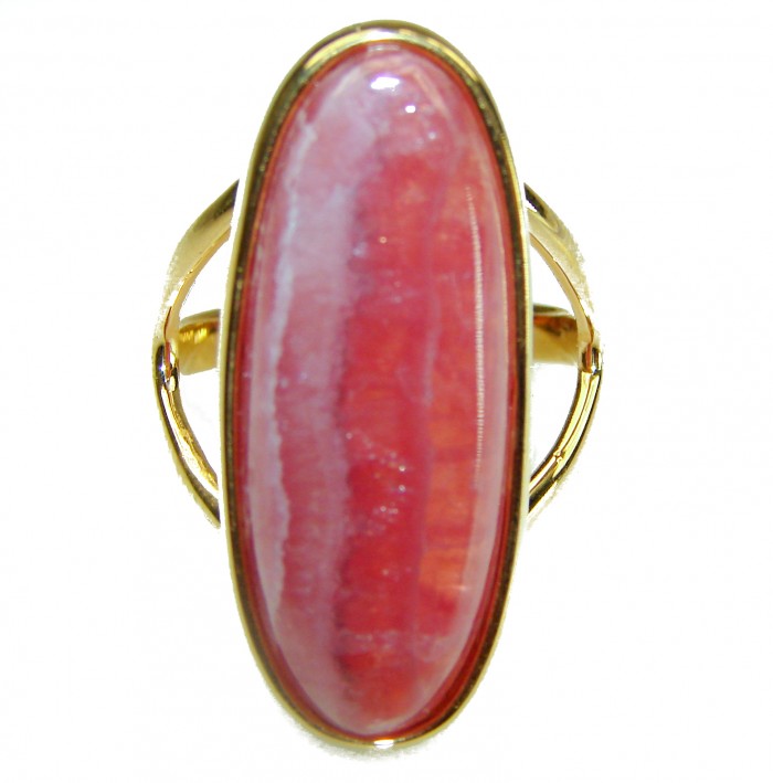 Large top quaity Argentinian Rhodochrosite 18K Gold over .925 Sterling Silver handmade ring size 8 3/4 - Rhodochrosite ring in 18K gold, front view, showcasing the stone.