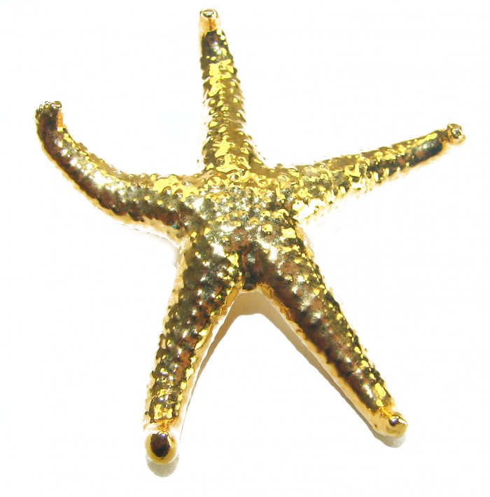 Stylish REAL Starfish Coved with Sterling Silver and 14K & .925 Sterling Silver Pendant - Gold starfish pendant, top view, textured surface with 14K gold finish.