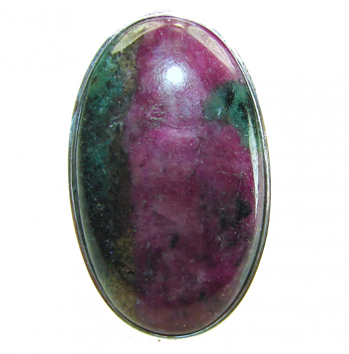Authentic Ruby in Zoisite .925 Sterling Silver handmade Cocktail Ring s. 8 adjustable - Ruby in Zoisite cabochon close-up, oval shape, sterling silver setting.