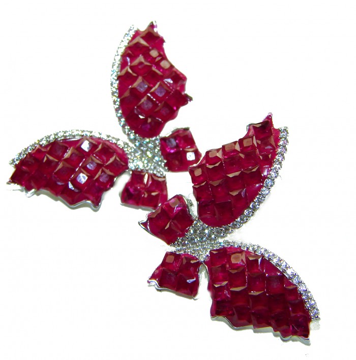 Real Beauty natural 14.2 carat Ruby Butterflies .925 Sterling Silver handcrafted earrings - Butterfly ruby brooch, top view, silver accents, 14.2 carat rubies