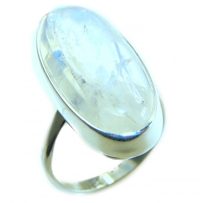 Top quality AAA+ quality Rainbow Moonstone .925 Sterling Silver handmade ring s. 9 1/4 - Side view of AAA+ Rainbow Moonstone in .925 Sterling Silver ring