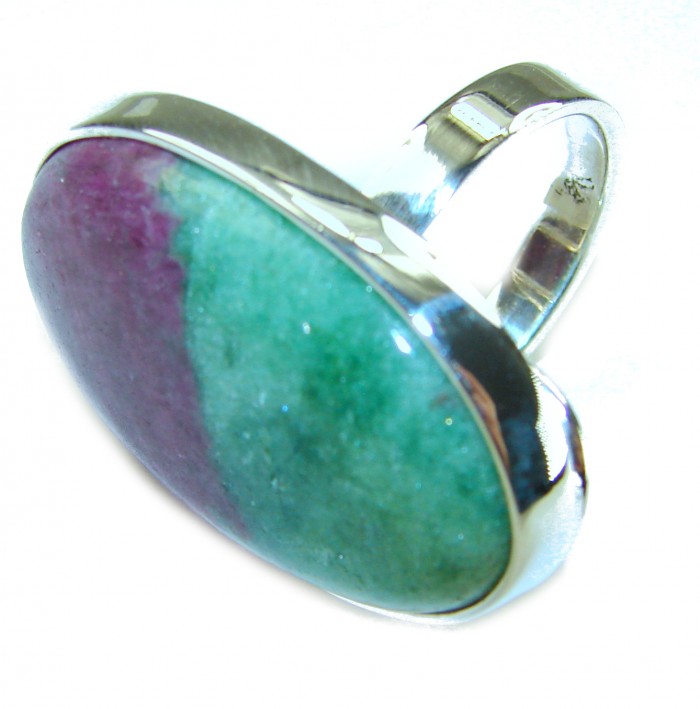 Authentic Ruby in Zoisite .925 Sterling Silver handmade Cocktail Ring s. 8 adjustable - Ruby in Zoisite ring in .925 Sterling Silver, close-up side view.