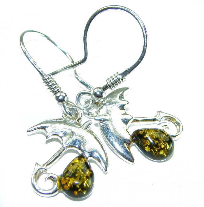 Umbrellas Genuine Baltic Amber .925 Sterling Silver handcrafted Earrings - Umbrella earrings with amber and silver, close-up view.