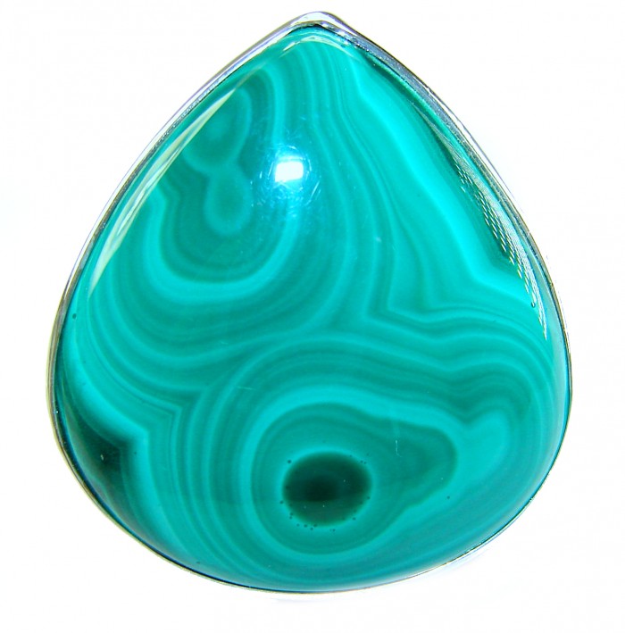 29.5 CARAT genuine Malachite from Ural .925 Sterling Silver handcrafted ring size 7 adjustable - Close-up of Malachite gemstone in .925 Sterling Silver setting.