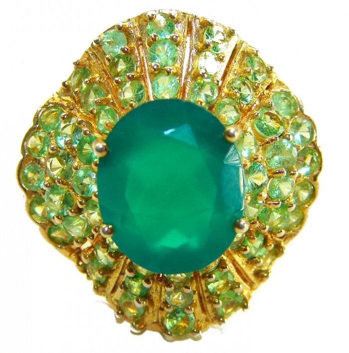 Elizabeth 4 Prong oval cut 5.9 carat Colombian Emerald .925 Sterling Silver dipped in 22K GOLD handcrafted Ring size 7 - Emerald ring close-up showcasing oval cut stone with smaller gems.