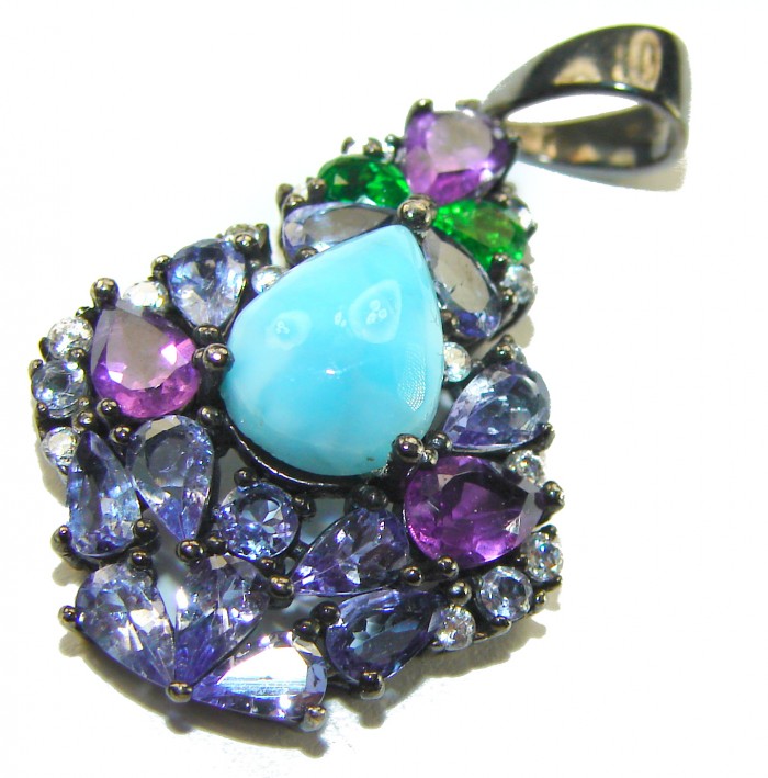 Victoria Natural 4.5 carat Larimar from Dominican Republic Tanzanite .925 Sterling Silver dipped in black rhodium handcrafted pendant - Close-up of Victoria Natural Larimar pendant with colorful gemstones.
