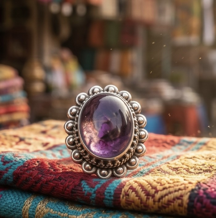 15.5 carat Amethyst .925 Sterling Silver Handcrafted Ring size 7 1/4 - Close-up of 15.5 carat amethyst sterling silver ring on colorful fabric.