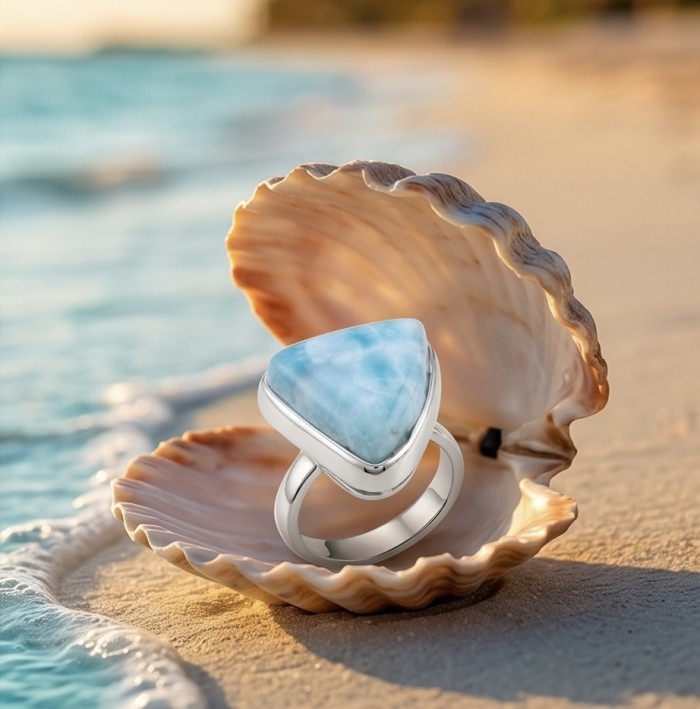 Paradise 18.9 carat natural Larimar .925 Sterling Silver handmade Large ring size 8 adjustable - Larimar ring on a beach with shell, showcasing the stone close-up.