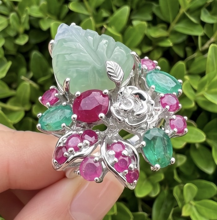 Large Natural 21.5 carat carved Green Amethyst .925 Sterling Silver handcrafted ring size 7 1/2 - Close-up of ornate ring with green amethyst and multicolored gemstones